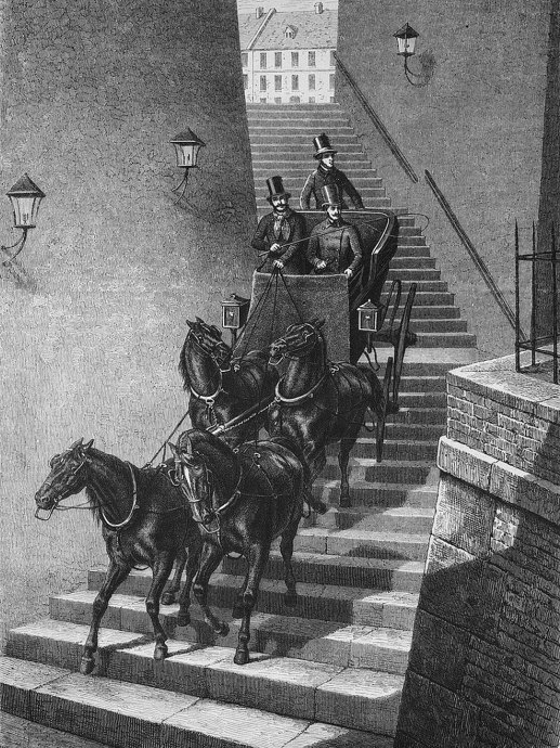 Sándor Móric gróf, az „ördöglovas” a vár lépcsőin kocsit hajt, 1872 (Fotó: OSZK)