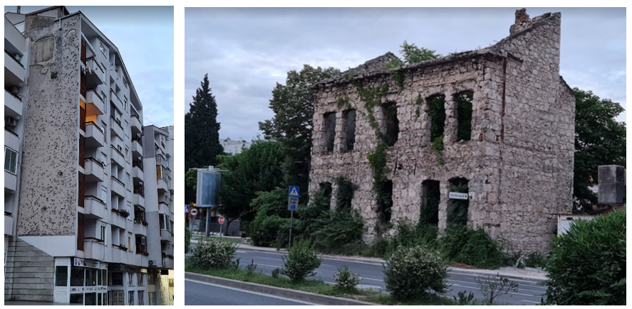 lepukkant épületek Mostarba, amik emlékeztetnek a háborúra